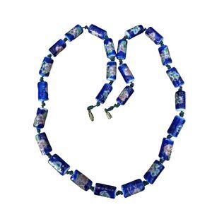 Vintage Chinese Cloisonne Blue Floral Glass Bead Necklace With Barrel Clasp 22"